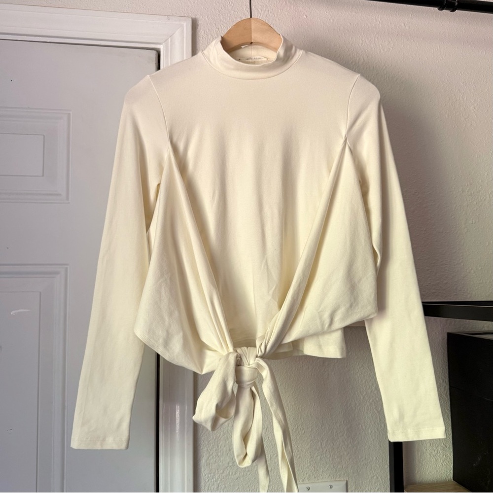 REFORMATION ivory cream organic cotton blend knit tie front long sleeve top tee